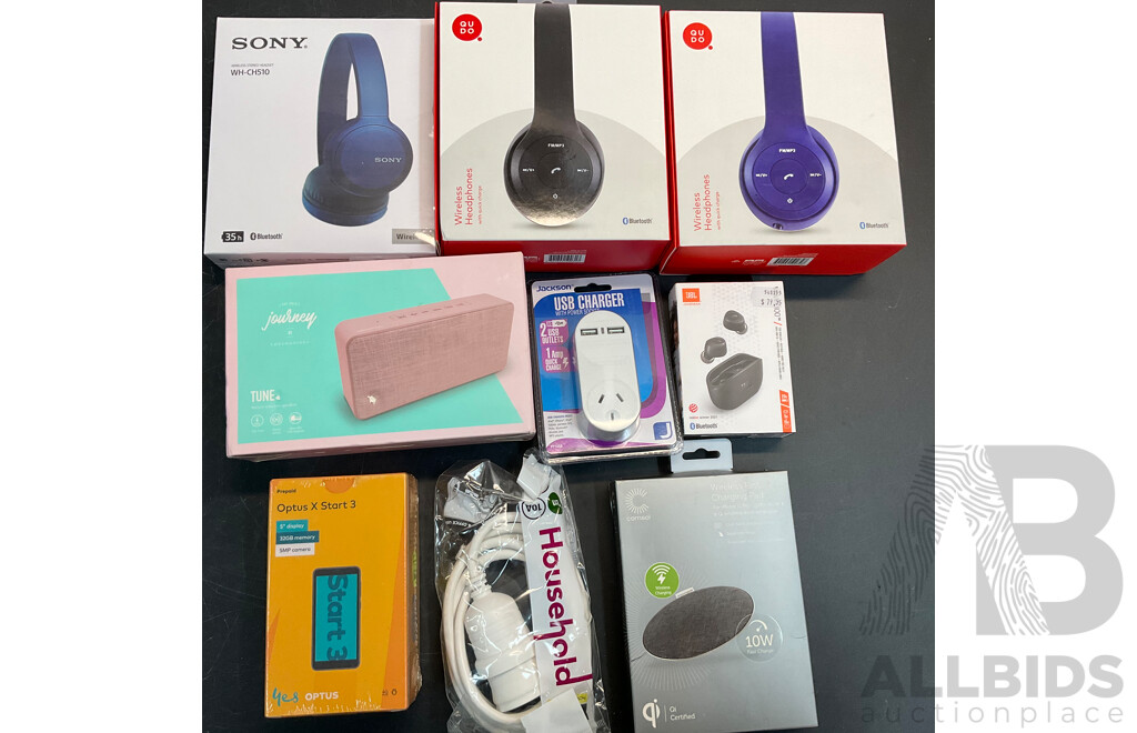 OPTUS X Start3 Mobile & TUNE Speaker & Assorted of Headphones/Chargers - Lot of 9