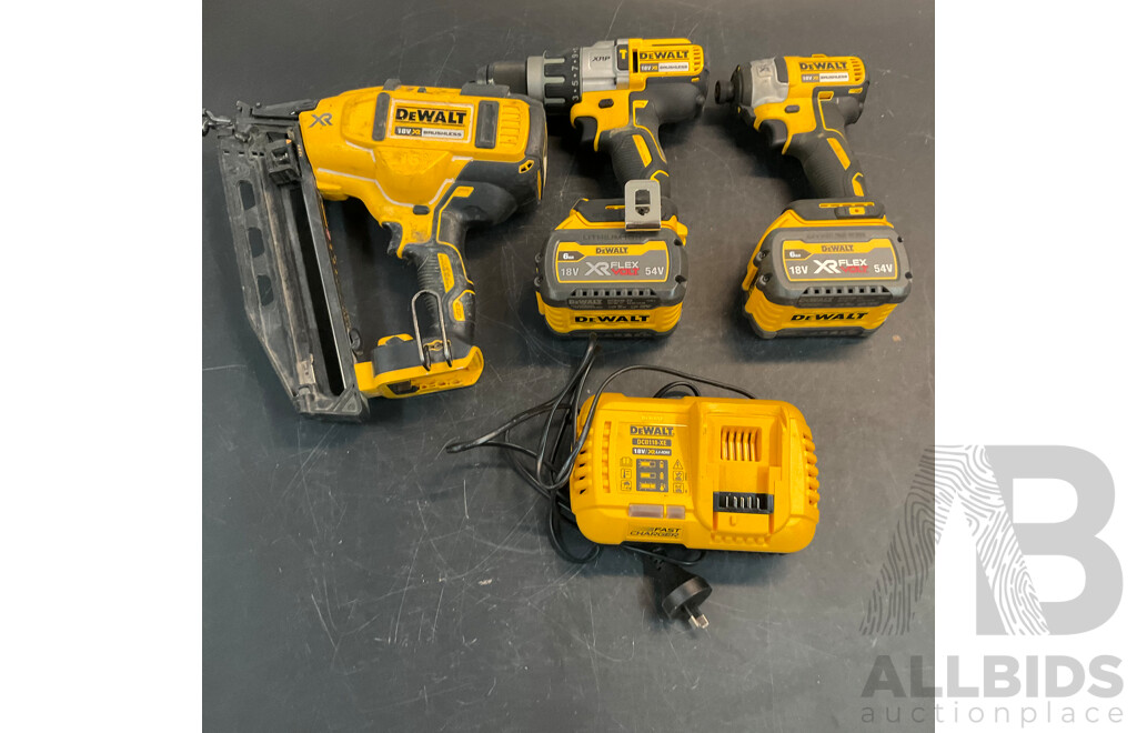 DEWALT DCF887 Impact Driver & DCD996 Hammer Combi Drill & DCN660 Finisher Nailer with 2 X6Ah 18V Battery and 1x Changer