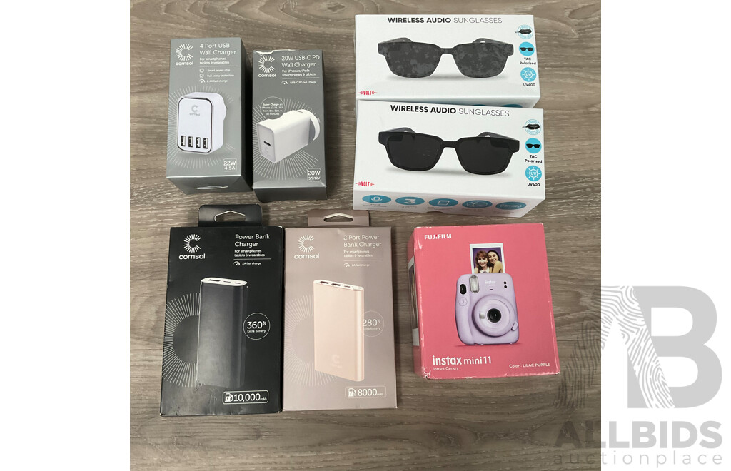 FUJIFILM Mini 11 & COMSOL Powerbank Charger/USB Wall Charger & 2x Wireless Audio Sunglass - Lot of 7