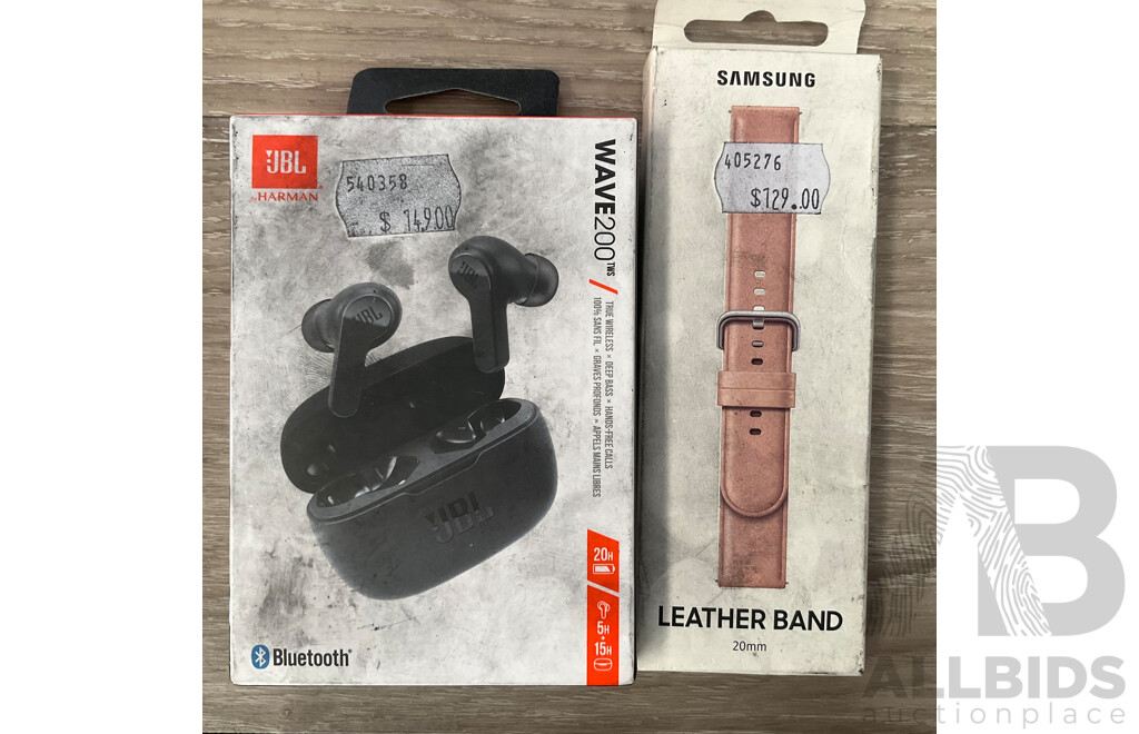 JBL WAVE 200TWS Ear Buds (Black) & SAMSUNG Leater Band 20mm (Pink)  - Lot of 2 - Estimated Total ORP$278.00