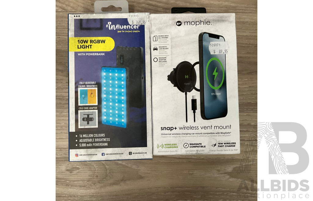 MOPHIE Universal Wireless Charging Car Mount & INFLUENCER 10W RGBW Light with Power Bank - Lot of 2 - Estimated Total ORP$258.00