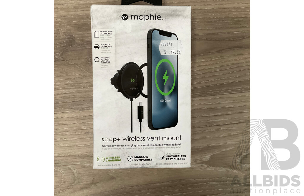 MOPHIE Universal Wireless Charging Car Mount & INFLUENCER 10W RGBW Light with Power Bank - Lot of 2 - Estimated Total ORP$258.00