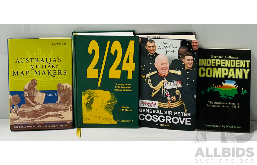 Collection Books Relating to Australias Military Involment Including 2 24 a History of 2 24 Australian Infantry Battalion Ed P Searle, Signed Peter Cosgrove Autobiography and More