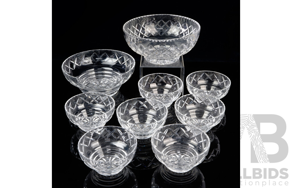 Vintage Stuart Crystal Serving Bowl with Set Six Matching Dishes and One Other Stuart Serving Bowl