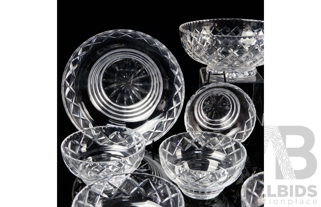 Vintage Stuart Crystal Serving Bowl with Set Six Matching Dishes and One Other Stuart Serving Bowl