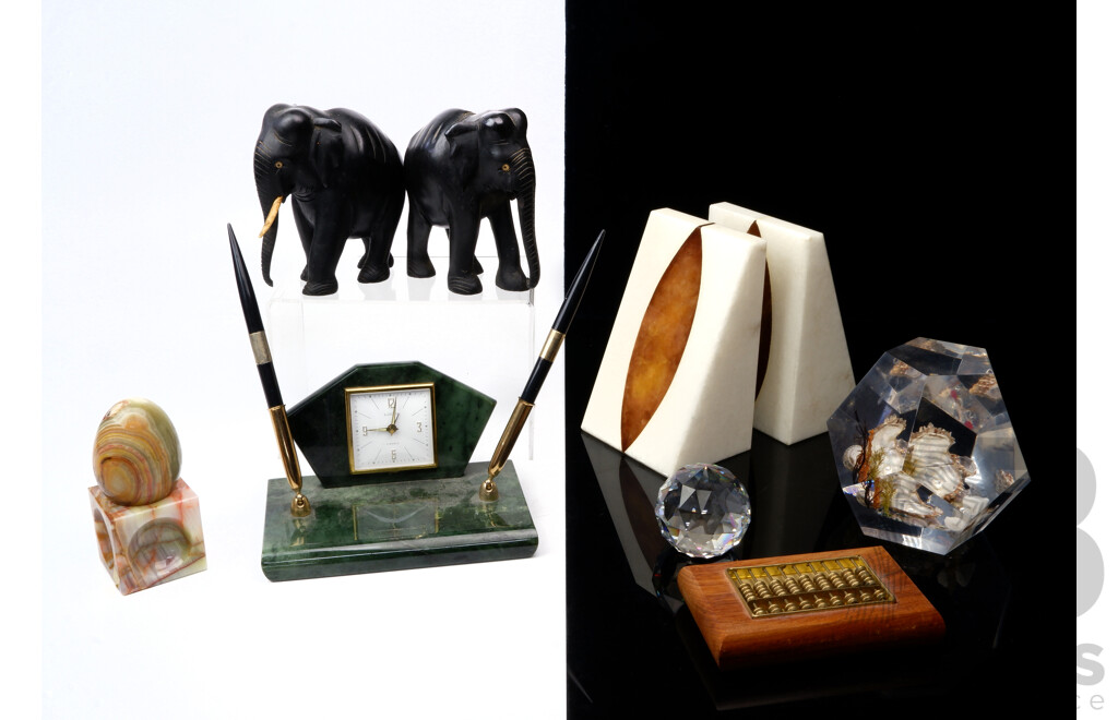 Gentleman's Lot Including Marble Bookends, Pair Ebony Elephant Figures, Onyx Egg and More