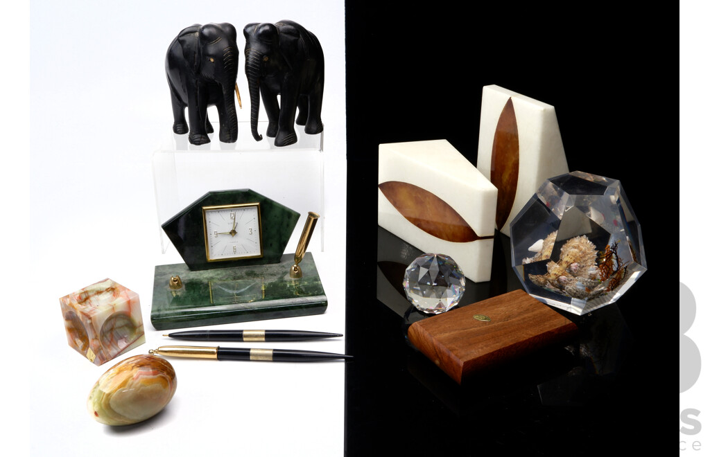 Gentleman's Lot Including Marble Bookends, Pair Ebony Elephant Figures, Onyx Egg and More