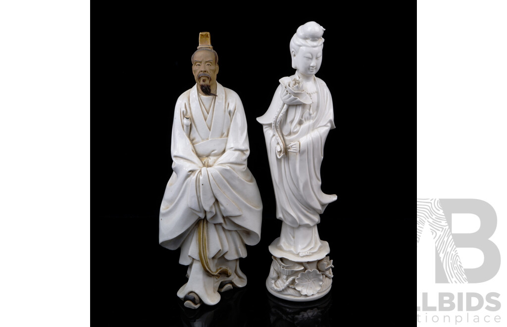 Chinese Blanc De Chine Guan Yi Figure Along with Another Vintage Porcelain Figure