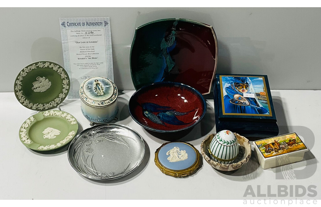 Collection of Vintage and Other Decorative Homewares Including Wedgwood Trinket Plates and Ash Tray, Sandland Ware Trinket Box, Ardleigh Elliott Our Lady of Lourdes Musical Rosary Box and More