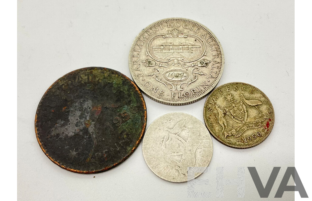 Australian Predecimal Coins Including 1927 Commemorative Florin, 1950 Sixpence, 1956 Penny and Sixpence with 1974 Women's Day Coin Value Chart