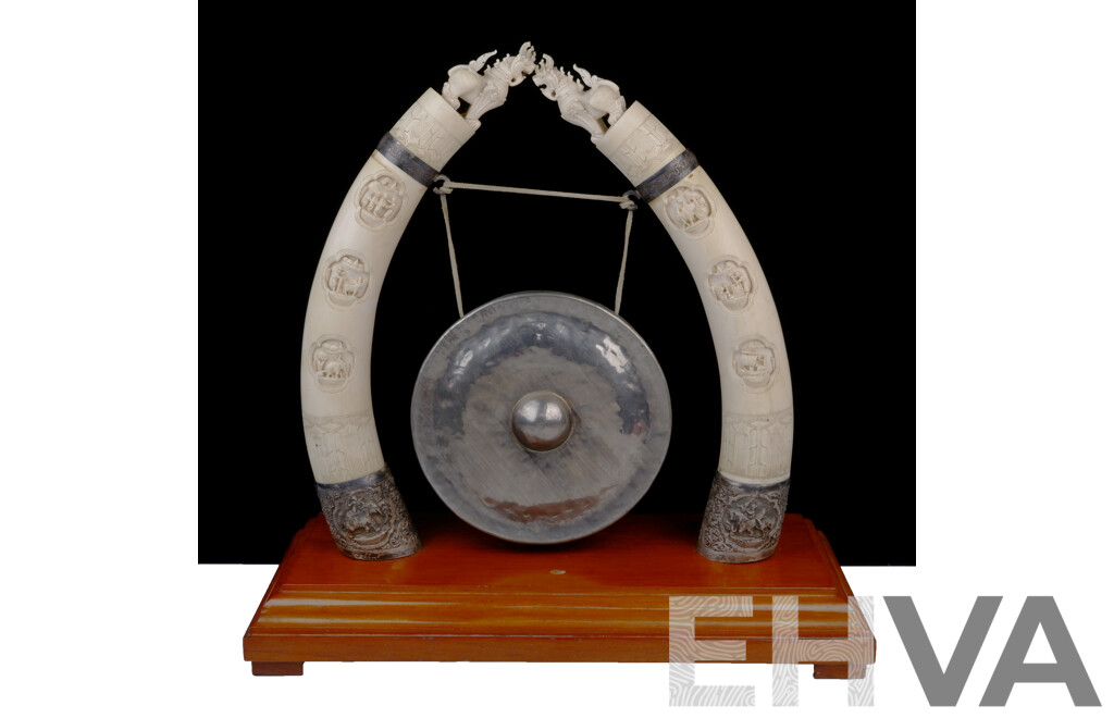 Fantastic Vintage Burmese Dinner Gong with Twin Hand Carved Ivory Tusk Supports on Repoussé White Metal Mounts on Wooden Base