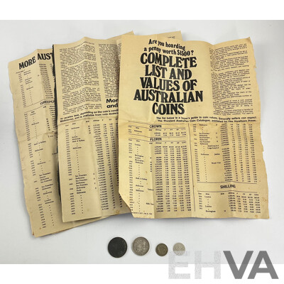 Australian Predecimal Coins Including 1927 Commemorative Florin, 1950 Sixpence, 1956 Penny and Sixpence with 1974 Women's Day Coin Value Chart