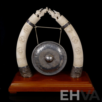 Fantastic Vintage Burmese Dinner Gong with Twin Hand Carved Ivory Tusk Supports on Repoussé White Metal Mounts on Wooden Base