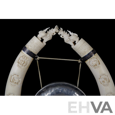 Fantastic Vintage Burmese Dinner Gong with Twin Hand Carved Ivory Tusk Supports on Repoussé White Metal Mounts on Wooden Base