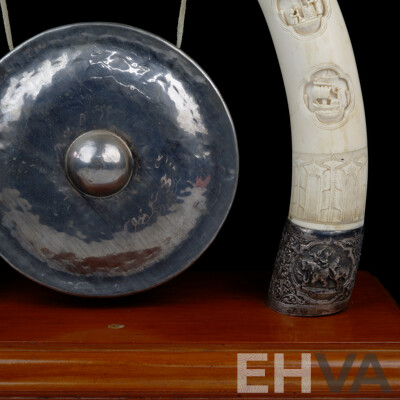 Fantastic Vintage Burmese Dinner Gong with Twin Hand Carved Ivory Tusk Supports on Repoussé White Metal Mounts on Wooden Base