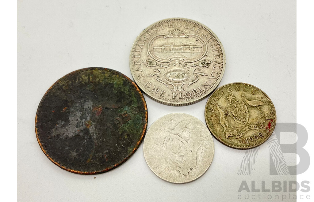 Australian Predecimal Coins Including 1927 Commemorative Florin, 1950 Sixpence, 1956 Penny and Sixpence with 1974 Women's Day Coin Value Chart