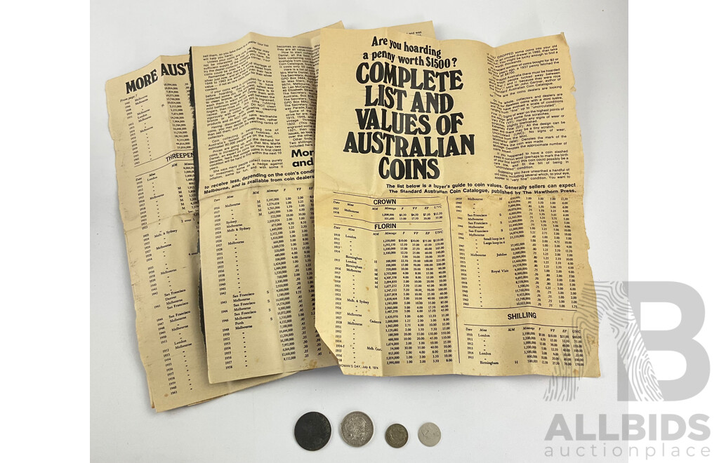 Australian Predecimal Coins Including 1927 Commemorative Florin, 1950 Sixpence, 1956 Penny and Sixpence with 1974 Women's Day Coin Value Chart