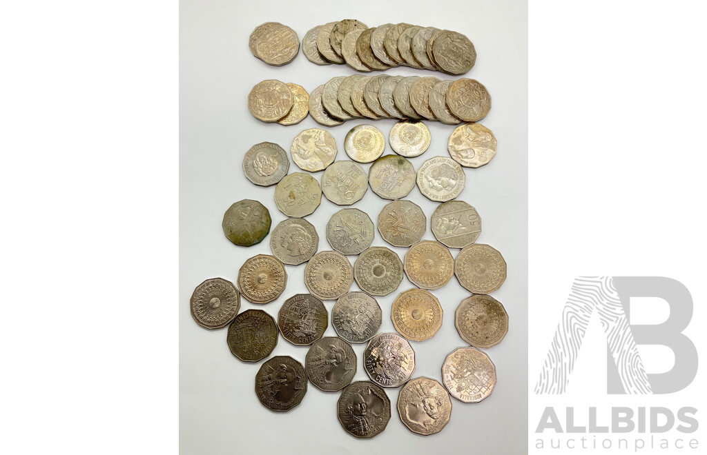 Collection of Australian Fifty Cent Coins Including Commemorative 1977 Jubilee(8) 1970 Captain Cook(4) 1988 Bicentennial, 1994 Australia Day(3) 1995 UN Twenty Cents(2) and More