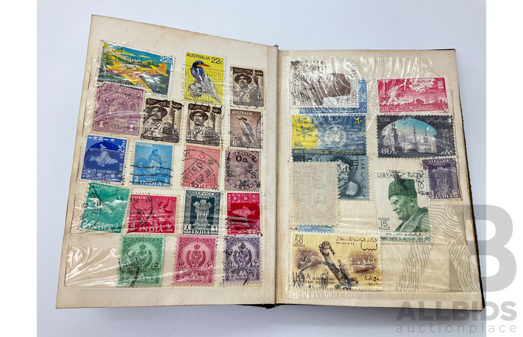 Vintage Stamp Album Including Australian Predecimal, 1949 One Pound Coat of Arms, Tasmanian Sesquicentenary and More