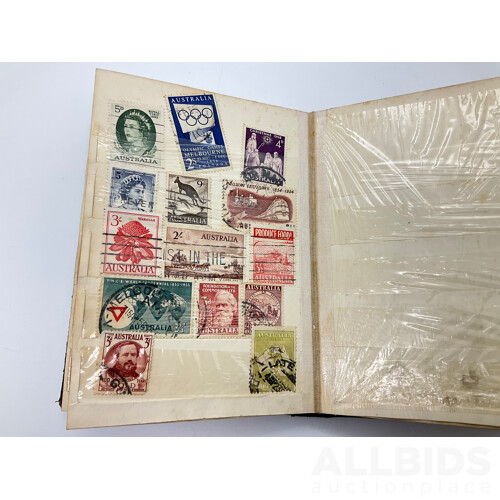 Vintage Stamp Album Including Australian Predecimal, 1949 One Pound Coat of Arms, Tasmanian Sesquicentenary and More