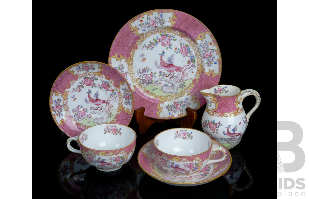 Six Pieces Antique English Minton Porcelain Teaware in Chelsea Bird Pattern