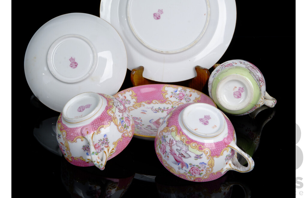 Six Pieces Antique English Minton Porcelain Teaware in Chelsea Bird Pattern