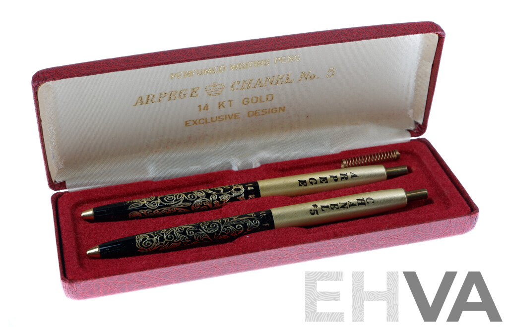 Pair Arpege Chanel No 5 Perfumed Writing Retractable Ballpoint Pens with 14K Gold Filigree Decoration in Original Case
