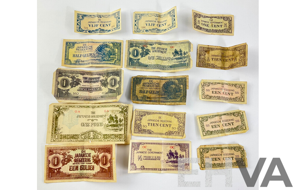 Collection of World War Two Japanese Occupation Banknotes Including Netherlands Indies, Oceania, Malaya