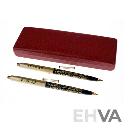 Pair Arpege Chanel No 5 Perfumed Writing Retractable Ballpoint Pens with 14K Gold Filigree Decoration in Original Case