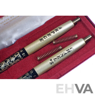 Pair Arpege Chanel No 5 Perfumed Writing Retractable Ballpoint Pens with 14K Gold Filigree Decoration in Original Case