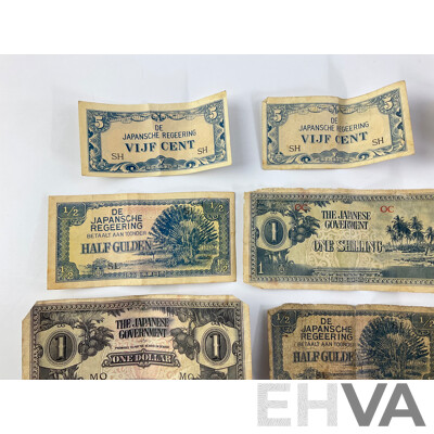 Collection of World War Two Japanese Occupation Banknotes Including Netherlands Indies, Oceania, Malaya