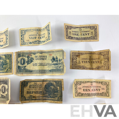 Collection of World War Two Japanese Occupation Banknotes Including Netherlands Indies, Oceania, Malaya