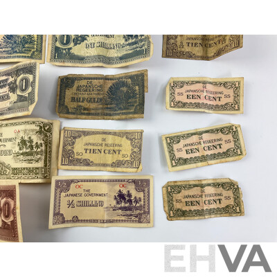 Collection of World War Two Japanese Occupation Banknotes Including Netherlands Indies, Oceania, Malaya