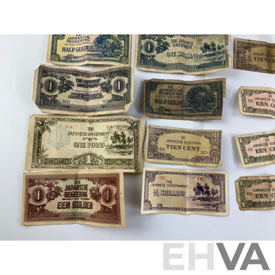 Collection of World War Two Japanese Occupation Banknotes Including Netherlands Indies, Oceania, Malaya