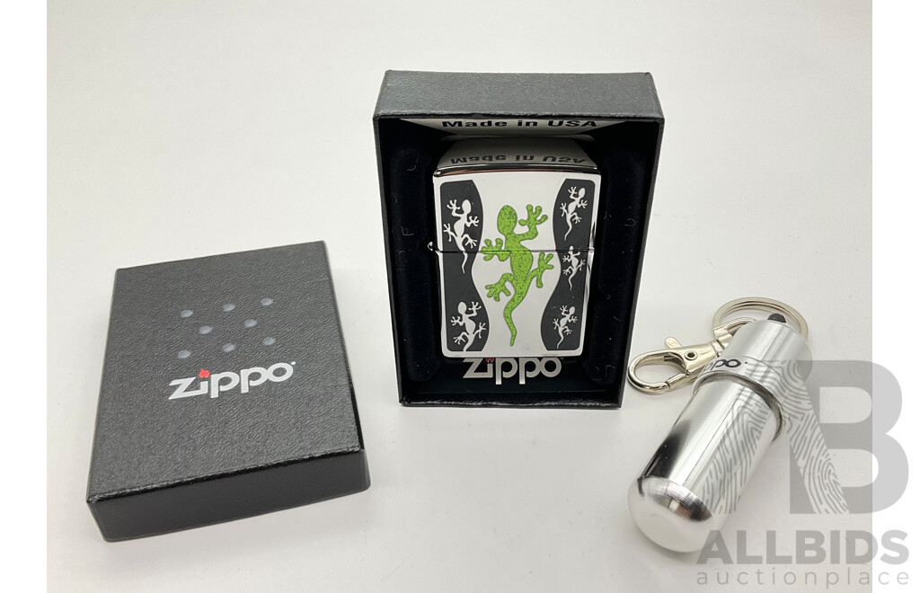 Zippo Lighter in Original Case, Gecko with Key Ring Fluid Dispenser, Made in USA