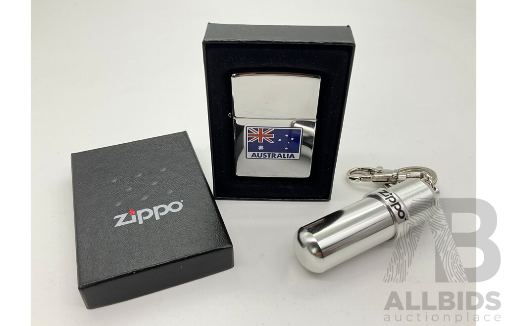 Zippo Lighter in Original Case, Australian Flag with Key Ring Fluid Dispenser, Made in USA