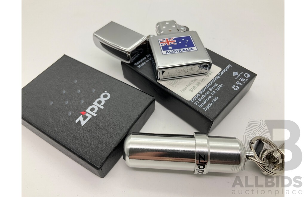 Zippo Lighter in Original Case, Australian Flag with Key Ring Fluid Dispenser, Made in USA