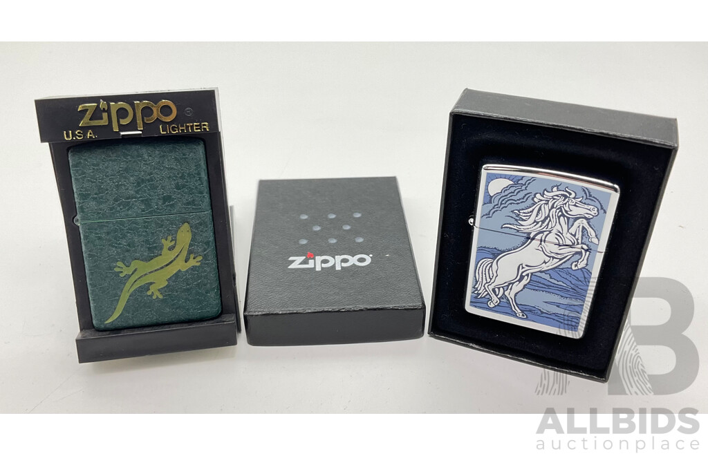 Two Zippo Lighters in Original Cases, Rampant Stallion and Gecko, Made in USA