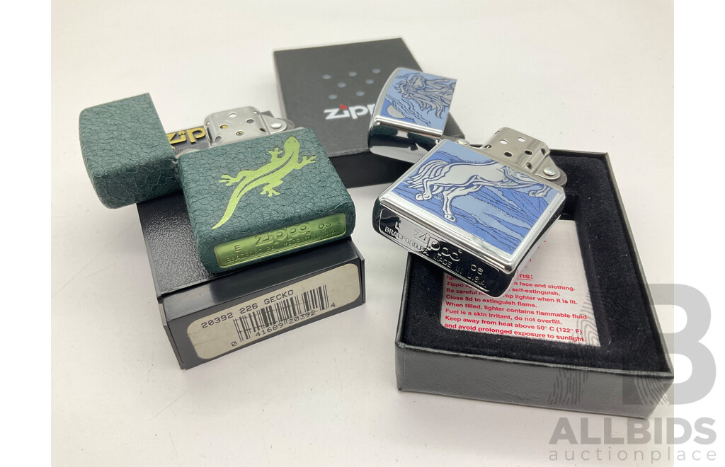 Two Zippo Lighters in Original Cases, Rampant Stallion and Gecko, Made in USA