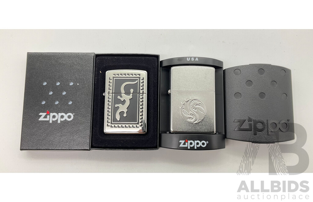 Two Zippo Lighters in Original Cases, Raised Dragon and Gecko, Made in USA