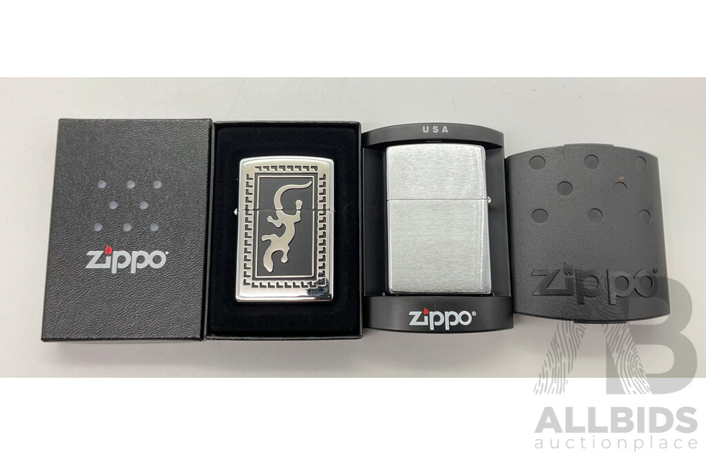 Two Zippo Lighters in Original Cases, Brush Finish Chrome and Gecko, Made in USA