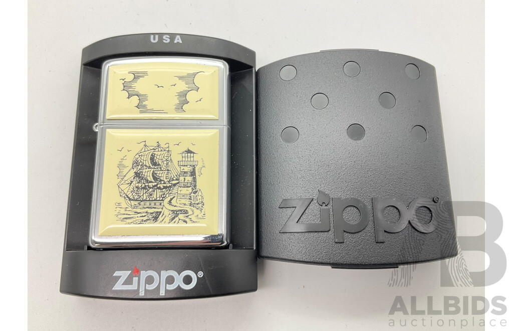 Zippo Lighter in Original Case, Scrimshaw Ship, Made in USA