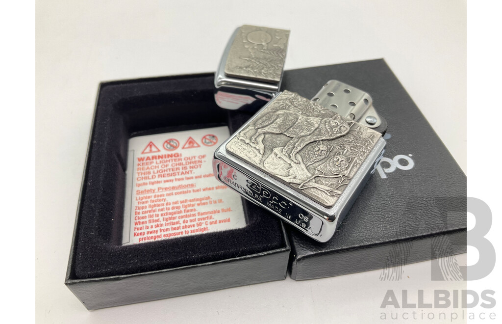 Zippo Lighter in Original Case, Timber Wolves, Made in USA