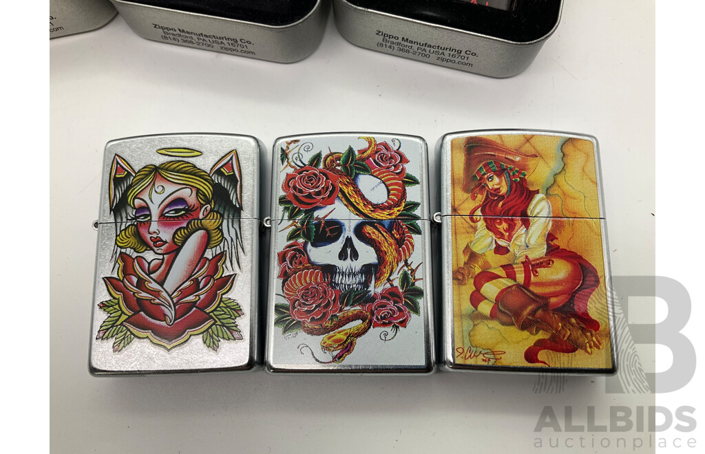 Three Zippo Lighters in Original Cases, Tattoo Art, Made in USA