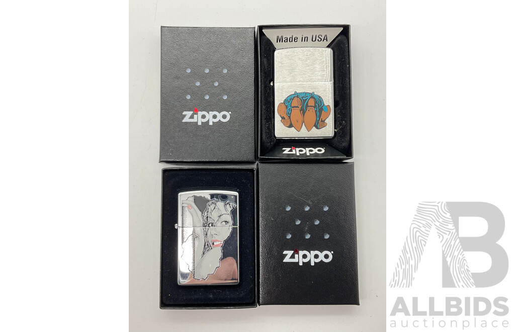 Two Zippo Lighters in Original Cases, Western Boots and Seductive Stare, Made in USA