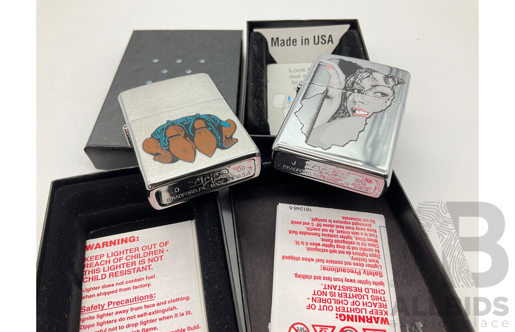 Two Zippo Lighters in Original Cases, Western Boots and Seductive Stare, Made in USA