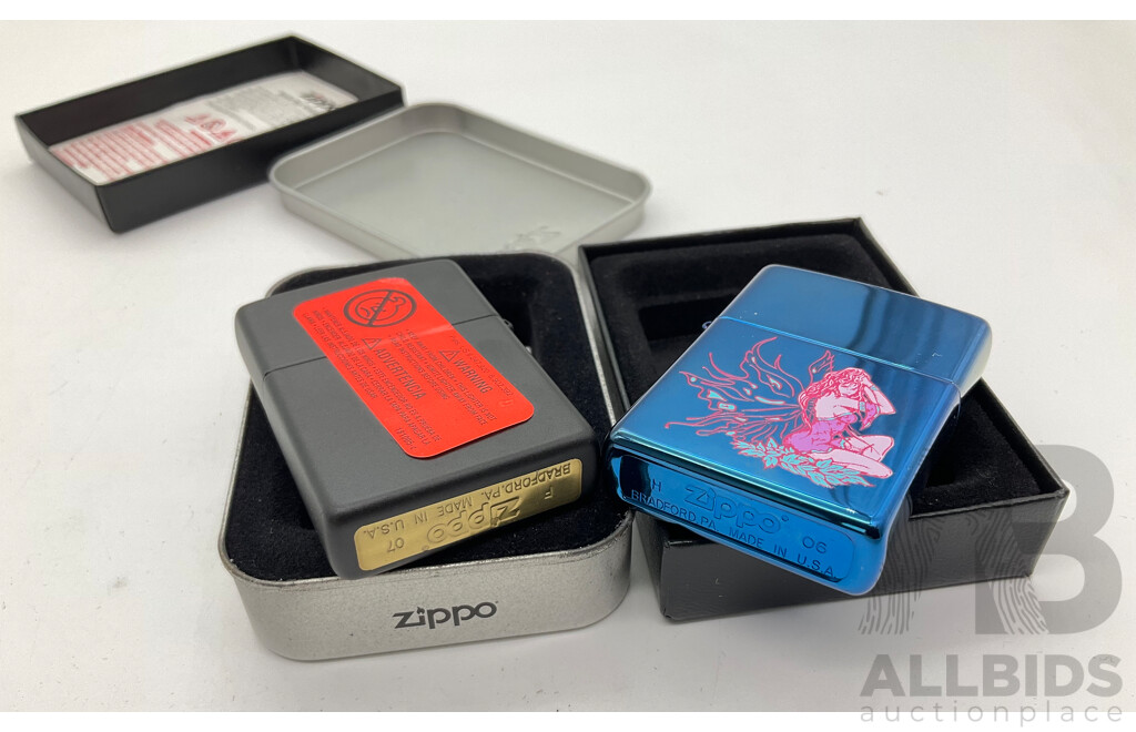 Two Zippo Lighters in Original Cases, Futtering Fairy and Swords and Scull, Made in USA