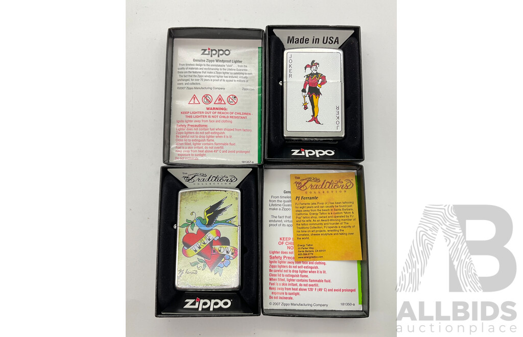 Two Zippo Lighters in Original Cases, True Love and Joker, Made in USA