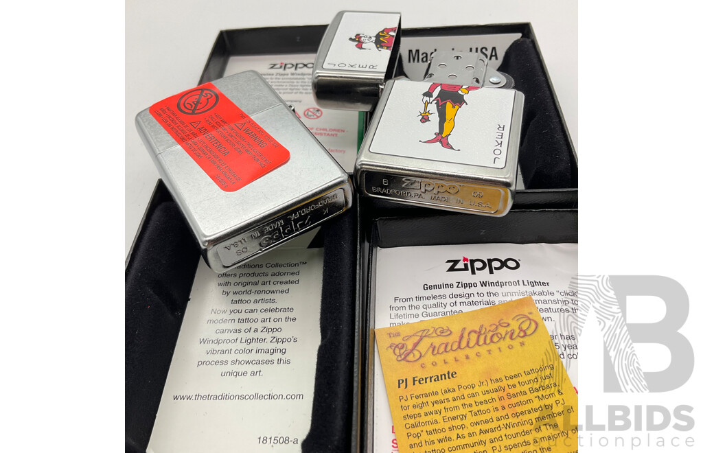 Two Zippo Lighters in Original Cases, True Love and Joker, Made in USA