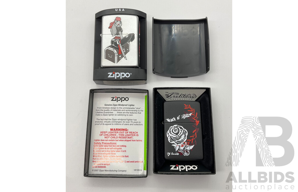 Two Zippo Lighters in Original Cases, Rose and First Mate, Made in USA